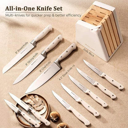 Astercook Knife Set, Kitchen Knife Set with Block and Sharpener, 12 Pcs Ultra-Sharp High Carbon Stainless Steel Knife Block Set with Non-Slip Full Tang Ergonomic Handle, Cream White Mothers Day Gifts