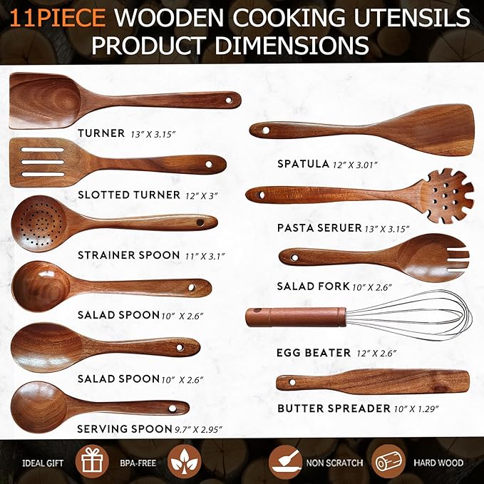 Wooden Spoons for Cooking 11 Pieces Set, High Quality Wooden Kitchen Utensil Set, Wooden Utensil Set, With Strainer Spoon, Pasta server, Fried Spatula and Salad Fork, Egg Beater, Butter Spreader - Image 5
