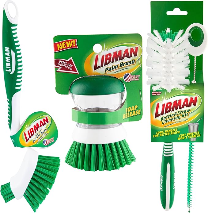 Libman Bottle & Dish Brush Kit | Cleaning Brushes for Kitchen Use | Straw Brush | Scrub Brushes for Dishes | Big Job Kitchen Brush | Palm Scrub Brush | 3 Different Brushes & Straw Cleaner Included by TheLibmanCompany