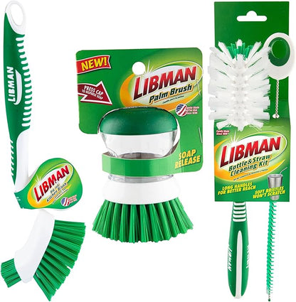 Libman Bottle & Dish Brush Kit | Cleaning Brushes for Kitchen Use | Straw Brush | Scrub Brushes for Dishes | Big Job Kitchen Brush | Palm Scrub Brush | 3 Different Brushes & Straw Cleaner Included by TheLibmanCompany