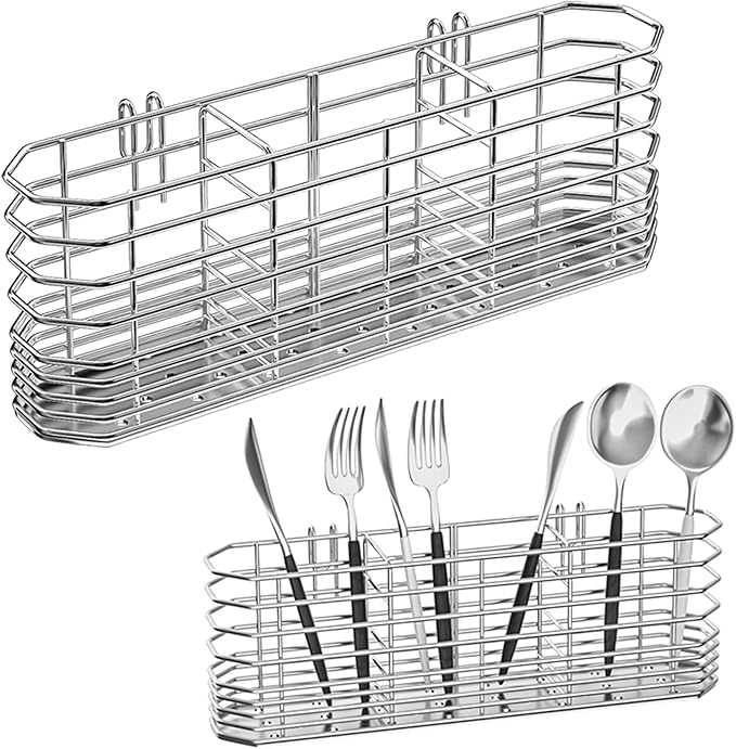 NiuYichee 304 Stainless Steel Utensil Holder, Dish Drying Rack, kitchen Utensil Organizer, Knife and Fork Drainage Rack, Kitchen Drainage Basket Accessories, With Hooks, Rust Proof, Color-Silver by NiuYichee