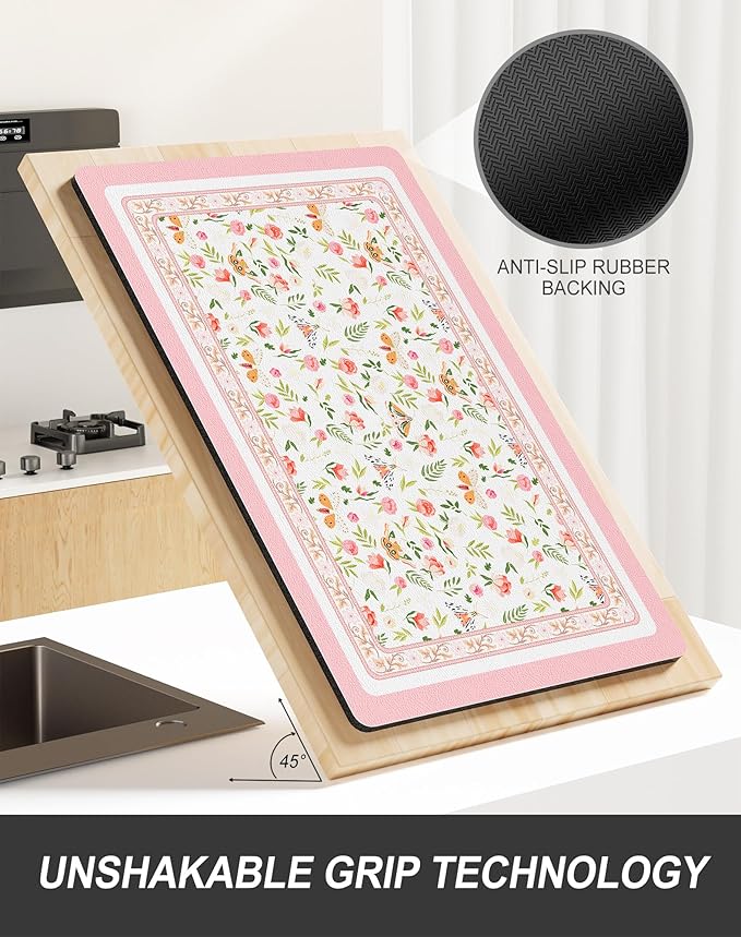 Rnivvi Dish Drying Mat for Kitchen Counter, XL 15 x 24" Cute Flower Theme Absorbent Draining Pad, Non-Slip Heat Resistant Coffee Bar Mats for Coffee Machine Station Accessories, Pink Dish Rack Pad - Image 5