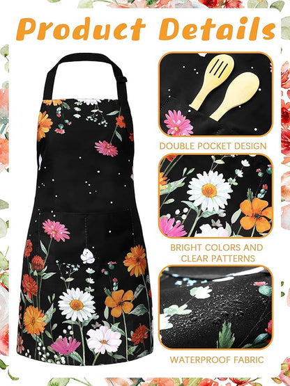 Bencailor 6 Pcs Spring Kitchen Aprons with Pockets Flower Rooster Bee Butterfly Sunflower Summer Aprons Bulk for Women(Bright Color,Flower) - Image 5