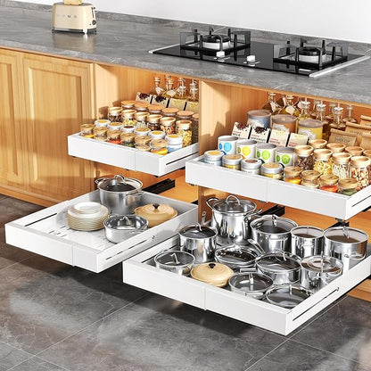 Pull out Cabinet Organizer, Expandable Width(14"-24"), Depth(13"-24") with 3 Rails, Slide Out Drawers With Raising Pad for Framed Cabinets, Fixed with Adhesive Film for Cabinets in Kitchen, White - Image 9