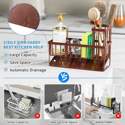 Cisily Kitchen Sink Caddy, Sponge Holder for Kitchen Sink, Kitchen Sink Organzier and Storage with High Brush Holder, Rustproof 304 Stainless Gadgets Sink Accessories(Brown) - Image 2