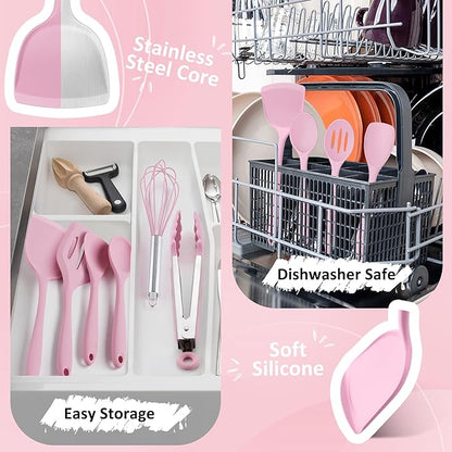 Silicone Cooking Utensils Set of 10, Leonyo Black Kitchen Utensils Set for Cooking, 446°F Heat Resistant Silicone Kitchen Tools with Turner Spatula, Soup Ladle, Spoons for Nonstick Cookware, Pink