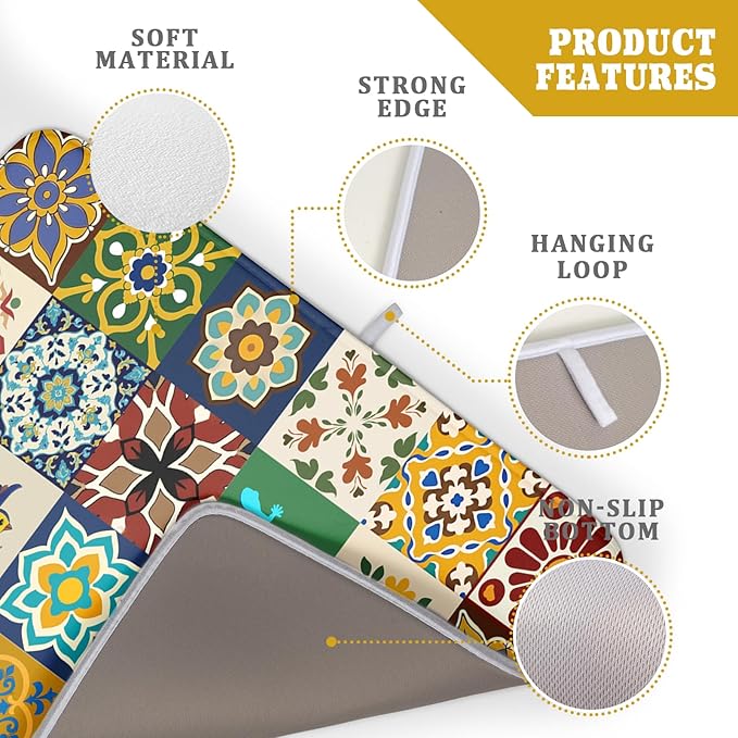 Giwawa Mexican Tile Dish Drying Mat 18"x24" Talavera Boho Floral Print Dish Drainer Mats Rustic Ethnic Traditional Reversible Large Dish Drying Pad Protector for Kitchen Countertop Decor