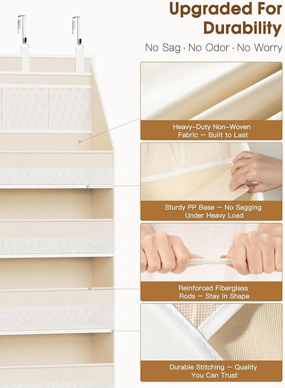 Criusia Over the Door Organizer, 6-Shelf Closet Hanging Storage with 13 Mesh Pockets, 55lbs Capacity Behind the Door Storage for Baby Nursery, Bathroom, Bedroom, and Dorm, Beige - Image 4