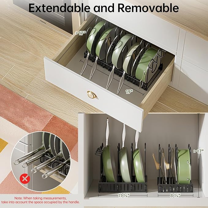 MUDEELA Pots and Pans Organizer Rack under Cabinet 8-Tiers Adjustable Pot Rack with 3 DIY Methods, Expandable 11.65'' to 19" Pot Lid Organizer for Kitchen Pantry Cabinet Organization and Storage - Image 5