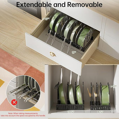 MUDEELA Pots and Pans Organizer Rack under Cabinet 8-Tiers Adjustable Pot Rack with 3 DIY Methods, Expandable 11.65'' to 19" Pot Lid Organizer for Kitchen Pantry Cabinet Organization and Storage - Image 5