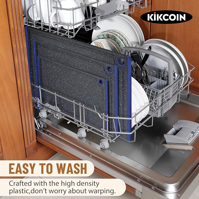Kikcoin Plastic Cutting Boards for Kitchen, 3-Piece Large Cutting Board Set Dishwasher Safe Chopping Boards with Non-slip Feet and Juice Grooves, Blue - Image 6