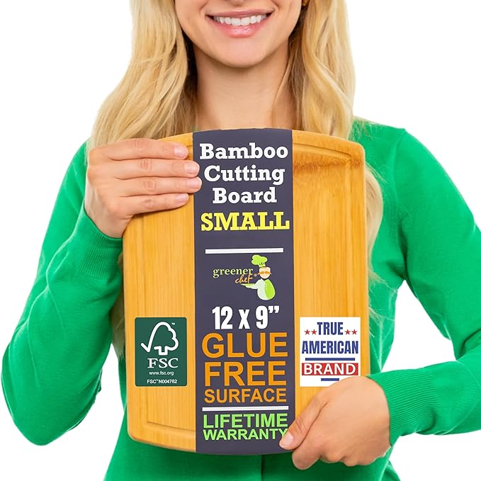 Small Bamboo Cutting Board – 12 Inch Wood Cutting Boards for Kitchen with Glue-Free Surface™ & Juice Groove – Non-Toxic, FSC-Certified, Durable Wooden Chopping Board by GreenerChef