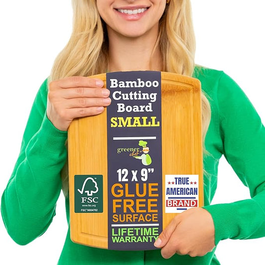 Small Bamboo Cutting Board – 12 Inch Wood Cutting Boards for Kitchen with Glue-Free Surface™ & Juice Groove – Non-Toxic, FSC-Certified, Durable Wooden Chopping Board by GreenerChef