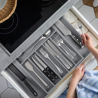 Large Premium Bamboo Silverware Organizer - Expandable Drawer Organizer & Utensil Organizer - 17"x19.7" Cutlery Tray with Dividers for Kitchen Utensils and Flatware (7-9 Slots) (Grey) - Image 7