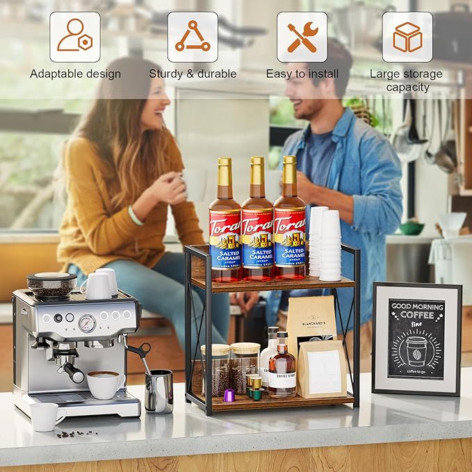 Giikin Kitchen Counter Shelf, Kitchen Countertop Organizer, 2 Tier Spice Rack for Counter, Wood Coffee Bar Organizer for Coffee Station (Brown, L) - Image 6