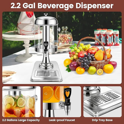 2.2 Gallon Beverage Dispenser with Stand, Drink Dispenser for Parties, Stainless Steel Juice Dispensers with Spigot,Ice Core and Tray,Cold beverage dispenser for Parties, Buffet Cafeterias, Homes