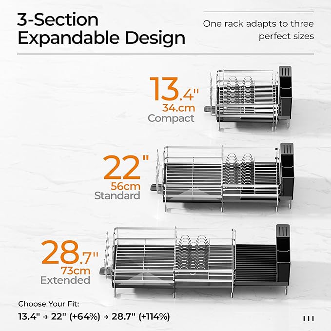 Delamu Stainless Steel Dish Drying Rack, Expandable Dish Drainer, Anti-Rust Large Dish Racks for Kitchen Counter, Dish Strainers with Drainboard, Utensil & Cup Holder, 13.4"-28.7" L x 11.8" W, Silver - Image 6