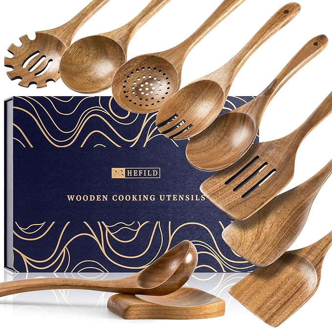 Wooden Spoons for Cooking, Nonstick Cooking Utensil Set with 9 Piece Acacia Wooden Spatulas and Spoons, as well as a Extra Whole Wood Spoon Rest, Terrific for Everyday Kitchen Tasks by HEFILD