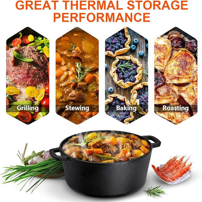 Overmont 2-in-1 Cast Iron Dutch Oven - 5QT Pre-Seasoned All-in-One Casserole Braising Pan with Skillet Lid Cookbook & Silicone Handle Covers - Heavy Duty Oven-Safe Pot for Bread Baking Frying Camping - Image 2