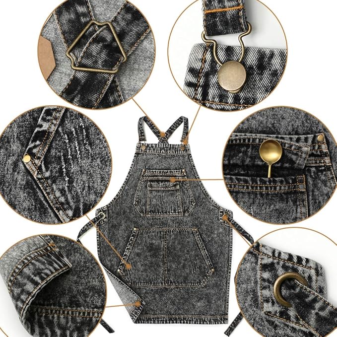 Jeanerlor - Cotton Denim Shop Black Tool Aprons with Pockets for Men - Jean Work Aprons for Men Cross Straps & Adjustable L to XXL - Image 2