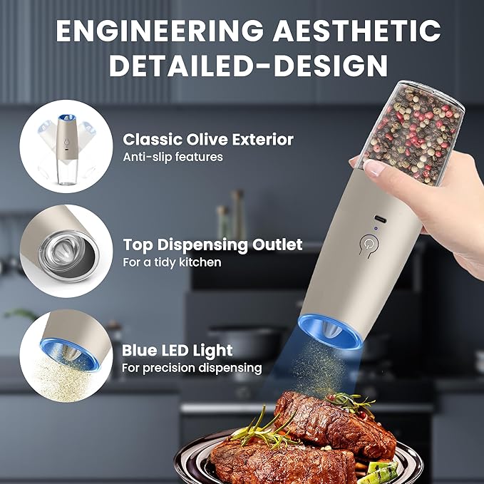 UNNEES Rechargeable Electric Salt and Pepper Grinder set of 2, gravity electric salt and pepper grinder set, Adjustable Roughness, LED Light, 2 Pack, (Khaki) - Image 4