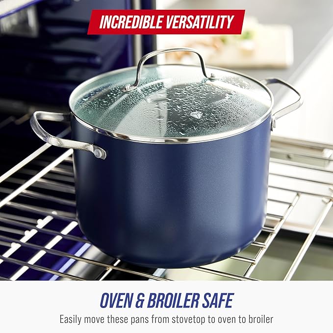 Blue Diamond 8QT Nonstick Stockpot with Glass Lid, PFAS-Free Ceramic, Multipurpose Cooking, Sauces & Soups, Pasta, Boiling & Canning Pot, Dishwasher & Oven Safe, Stainless Steel Handles, Navy - Image 5