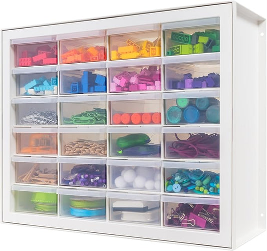 IRIS USA Plastic Storage Drawers, Made in USA, 24-Drawer Small Parts Organizer Cabinet, Stackable Teacher Toolbox for Crafts, Beads, Hardware, Screws, Nuts & Bolts, Scrapbook Supplies – White