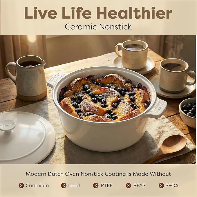 Gotham Steel 5 Qt Dutch Oven Pot with Lid, Nonstick Ceramic Dutch Oven Stock Pot, 10 in 1 Cooking Pot & Dutch Oven for Bread Baking, Lightweight Oven & Dishwasher Safe – Cream - Image 3
