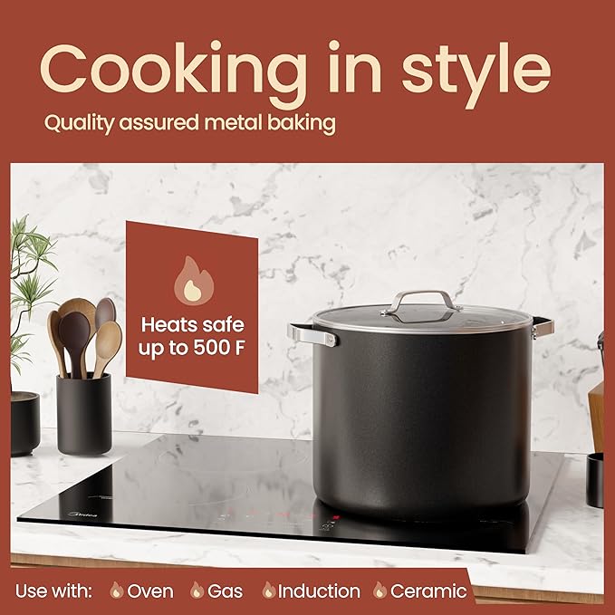 Bakken 16 Quart Ceramic Coated Stock Pot with Lid, Easy Clean Nonstick Pot, Tempered Glass Lid, Riveted Stainless Steel Handles, Oven Safe Up To 500°F, PTFE & PFAS Free, All Stove Compatible, Black - Image 3