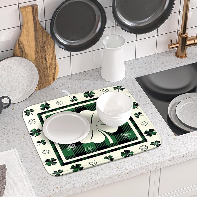 Giwawa Patrick Clovers Dish Drying Mat 16"x18" Lucky Shamrock Spring Leaf Dish Drainer Mats Green Black Buffalo Plaids Absorbent Microfiber Dish Drying Pad for Kitchen Countertop Small Decor