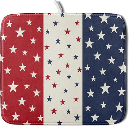 Blue Red White Star July of 4th Patriotic Dish Drying Mat for Kitchen Counter 16x18 Independence Day Absorbent Reversible Microfiber Drying Mats Kitchen Countertop Protector Dishes Drainer Rack Pad by Aytipun