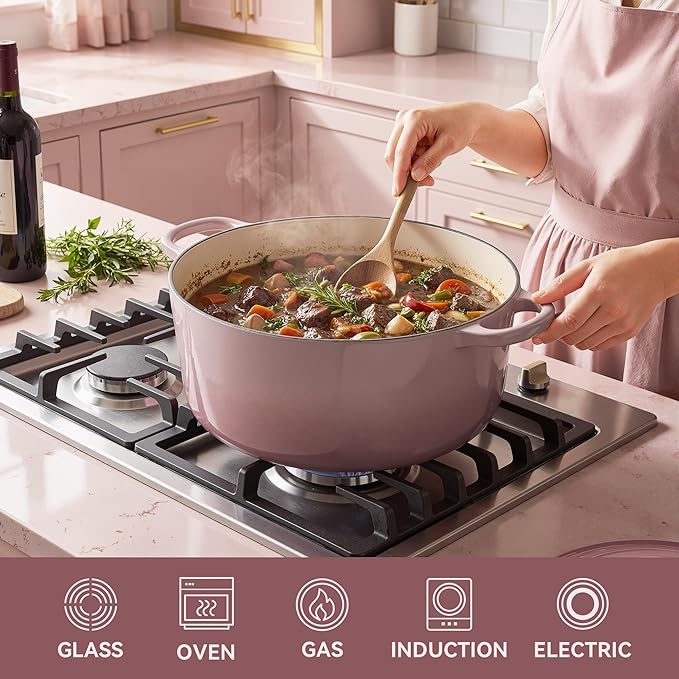 4.5 Quart Dutch Oven Pot with Lid, Non Stick Enameled Cast Iron Dutch Oven for Bread Baking, Heavy-Duty, Oven Safe Ceramic Cookware Up to 500°F for Baking, Braising, Stews, Roasting, Pink - Image 3