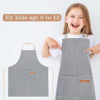 2 Pack Stripes Kids Apron, Kids Cooking Aprons with 2 Pockets, Cute Aprons for Cooking for Boys and Girls