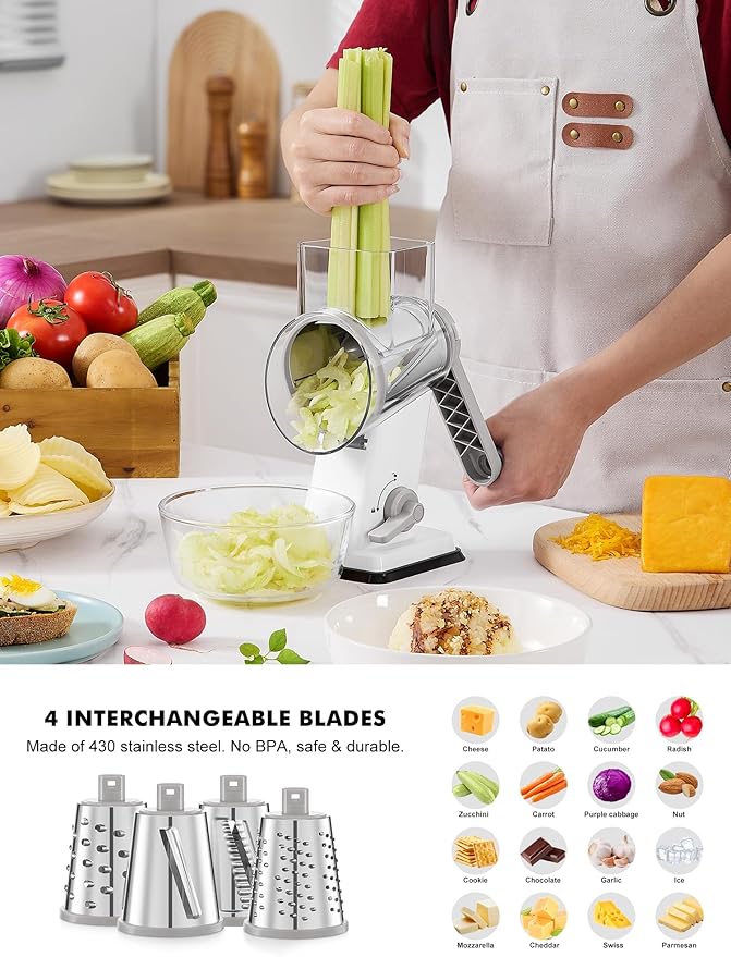 GDL Rotary Cheese Grater Hand Crank - Upgraded Cheese Shredder with 4 Interchangeable Blades, Rotary Grater with Non-slip Suction Base, Easy to Clean Kitchen Grater Slicer Grinder for Vegetable Nuts - Image 3