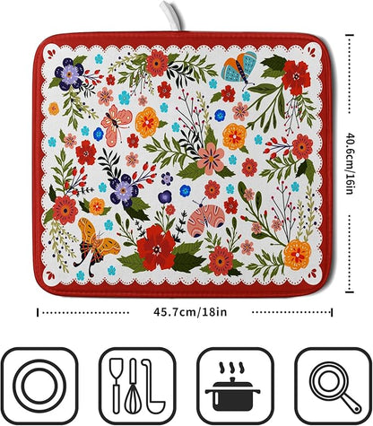 Flowers Printed Dish Drying Mat Floral Coffee Mat for Kitchen Counter Small - Image 2