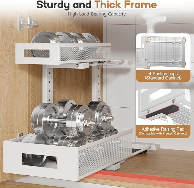 1 Pack-11.4"-16.14"H Under Sink Storage Organizer, Large 2-Tier Elegant Mesh Pull Out Shelf for Kitchen and Bathroom Cabinet Organization, L-Shaped and Adjustable Height Design for Maximum Space-White - Image 3