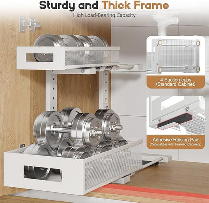 1 Pack-11.4"-16.14"H Under Sink Storage Organizer, Large 2-Tier Elegant Mesh Pull Out Shelf for Kitchen and Bathroom Cabinet Organization, L-Shaped and Adjustable Height Design for Maximum Space-White - Image 3