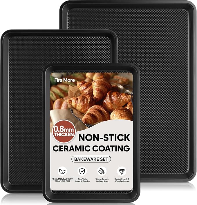 3 Pack Baking Sheet Pan Set, 0.8mm Thick Nonstick Cookie Sheets for Oven, Half/Quarter/Jelly Roll Pans for Oven, Heavy Duty Baking Trays for Oven with Diamond Texture by FireMore