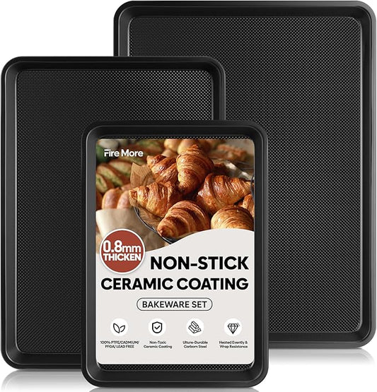 3 Pack Baking Sheet Pan Set, 0.8mm Thick Nonstick Cookie Sheets for Oven, Half/Quarter/Jelly Roll Pans for Oven, Heavy Duty Baking Trays for Oven with Diamond Texture by FireMore