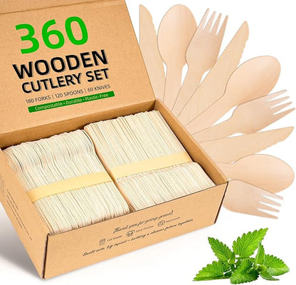 Disposable Wooden Utensils Set, Compostable Utensils, Disposable Cutlery Eco-Friendly Silverware Set for Parties, Catering, Office Lunches-360 PCS (180 Forks, 120 Spoons, 60 Knives)