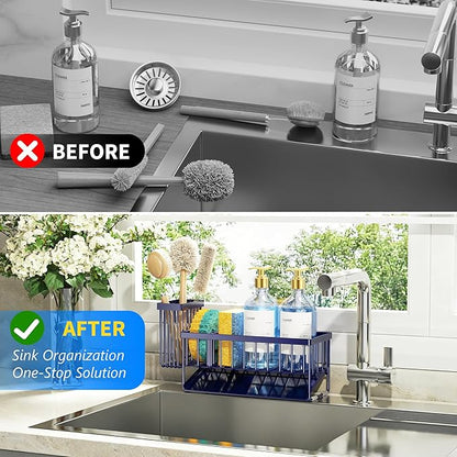 Cisily Navy Blue Sink Caddy Organzier with High Brush Holder, Sponge Holder for Sink, 304 Rustproof Stainless, Kitchen Countertop Soap Dispenser Organizer, Gray Blue Kitchen Decor and Accessories - Image 6