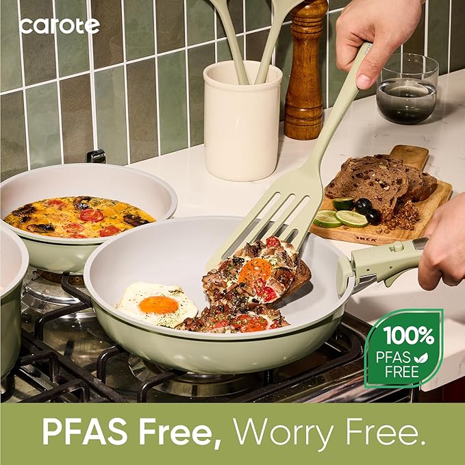 CAROTE 27pcs Ceramic Cookware Set Nonstick, Pots and Pans Set Non Stick, Non Toxic Cookware Detachable Handles, Dishwasher/Oven Safe, RV/Camping Cookware, Pan and Pot with Kitchen Utensils, Green - Image 5