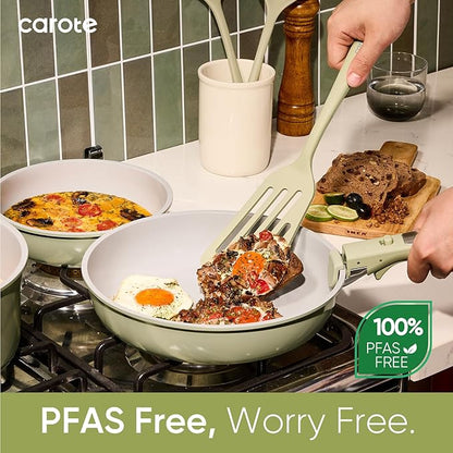 CAROTE 27pcs Ceramic Cookware Set Nonstick, Pots and Pans Set Non Stick, Non Toxic Cookware Detachable Handles, Dishwasher/Oven Safe, RV/Camping Cookware, Pan and Pot with Kitchen Utensils, Green - Image 5