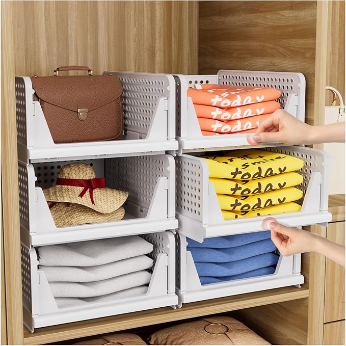 CTSNSLH 5 Pack Closet Organizers Storage Box, Closet Storage Stackable Storage Bins, Plastic Drawer Basket for Wardrobe Cupboard Kitchen Bathroom Office, White by CTSNSLH