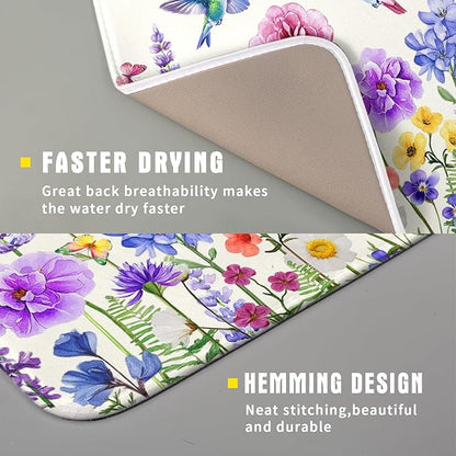 Giwawa Hummingbird Flower Dish Drying Mat 16x18 inch Watercolor Spring Herb Floral Dish Drainer Mats Wildflower Plant Reversible Microfiber Dish Drying Pad for Kitchen Countertop Small Decor