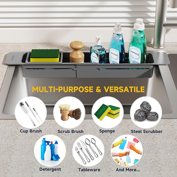 NiHome Extendable Sink Kitchen Organizer, Extra Long Telescopic Brush Storage Rack for Sponge, Non-Slip Pads Expandable Sink Caddy, Adjustable Brush Rack with Drainage Durable ABS (Dark Gray) - Image 7