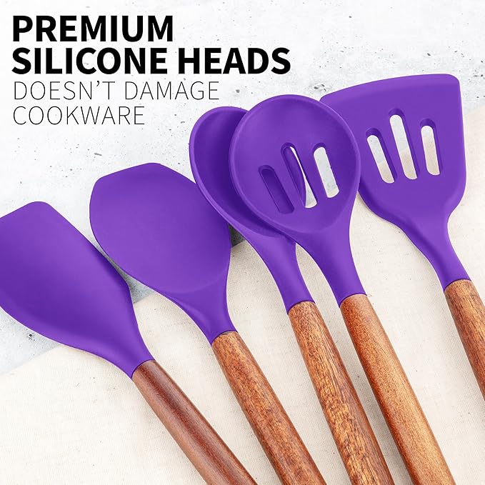 Zulay Kitchen Non-Stick Cooking Utensils Set with Authentic Acacia Wood Handles – 5-Piece Durable & Stylish Silicone Kitchen Utensils Set – Heat Resistant to 464°F – Purple - Image 9