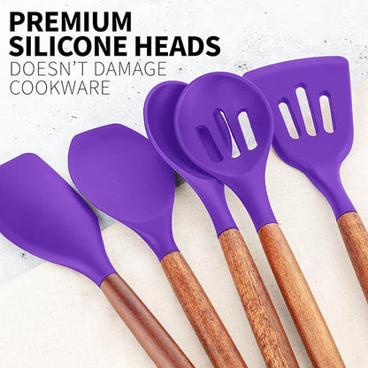 Zulay Kitchen Non-Stick Cooking Utensils Set with Authentic Acacia Wood Handles – 5-Piece Durable & Stylish Silicone Kitchen Utensils Set – Heat Resistant to 464°F – Purple - Image 9