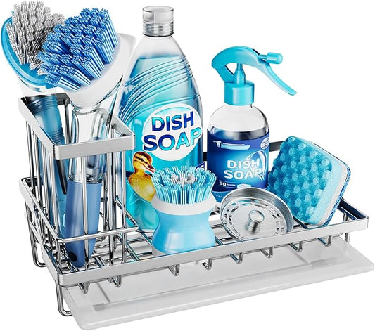 Consumest Sink Caddy, Kitchen Sponge Holder with Dish Brush Holder, Kitchen Sink Organizer with Drip Tray for Countertop Stainless Steel Rustproof, Silver-Large by Consumest