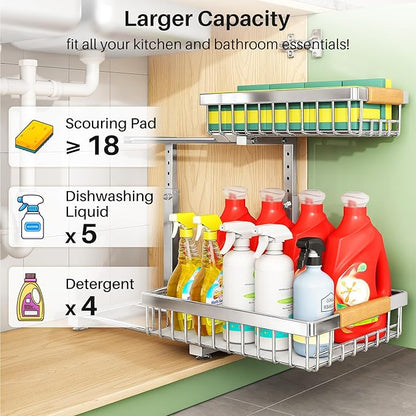 Under Sink Organizer, Stainless Steel 2 Packs 2 Tier Under Sink Organizers and Storage, Slide out Pull out Cabinet Shelf, Sliding Drawer for Kitchen Bathroom Pantry Cabinet Closet Organization Rack - Image 4